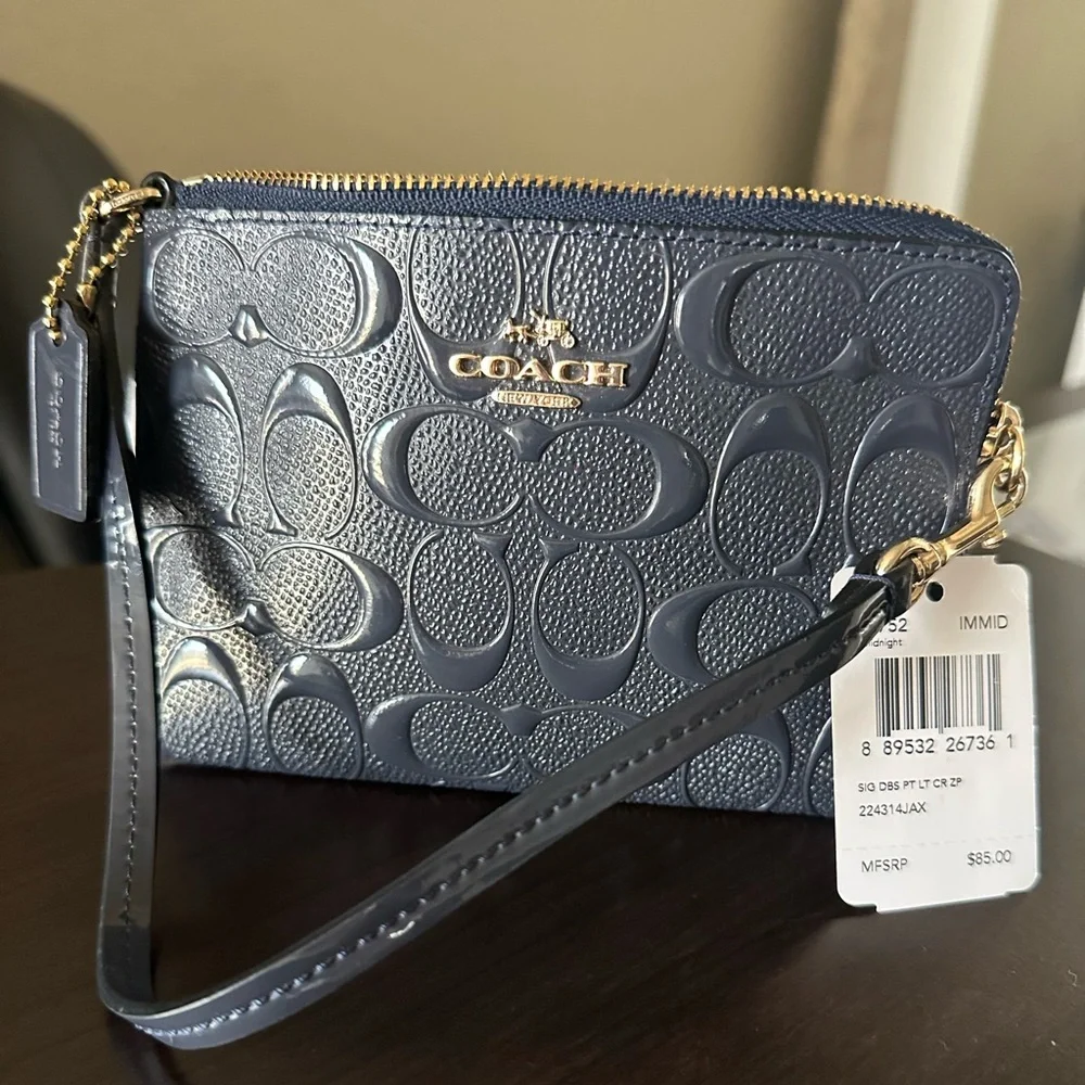 Coach Navy Embossed Leather Wristlet - Picture 1 of 7